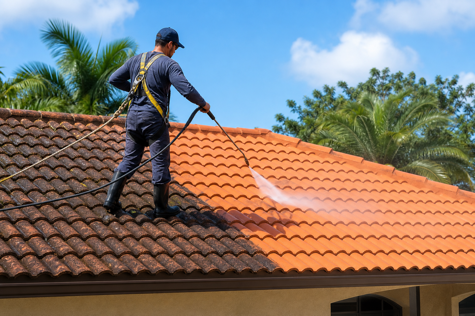 Professional tile roof cleaning