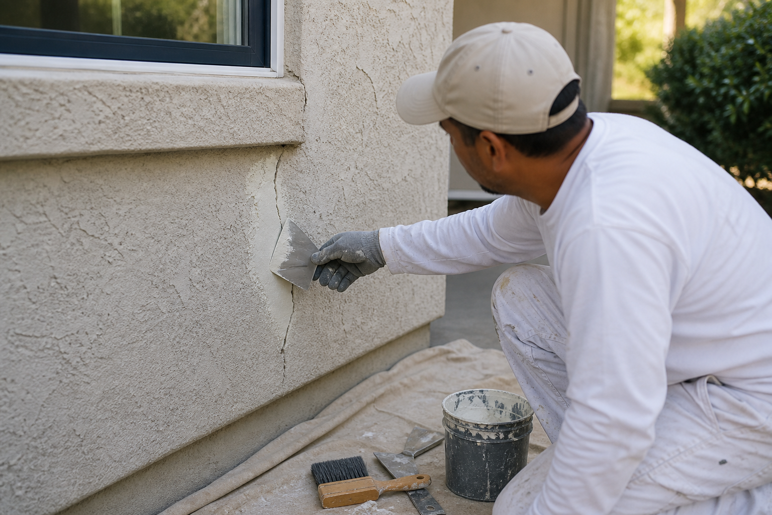 Stucco crack repair and surface preparation